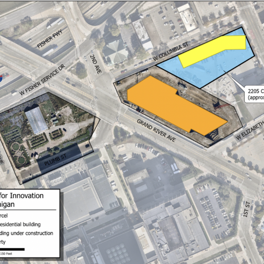 A map of the new UMCI site and the surrounding area in downtown Detroit