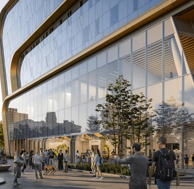 A rendering of the exterior of the new glass UMCI building