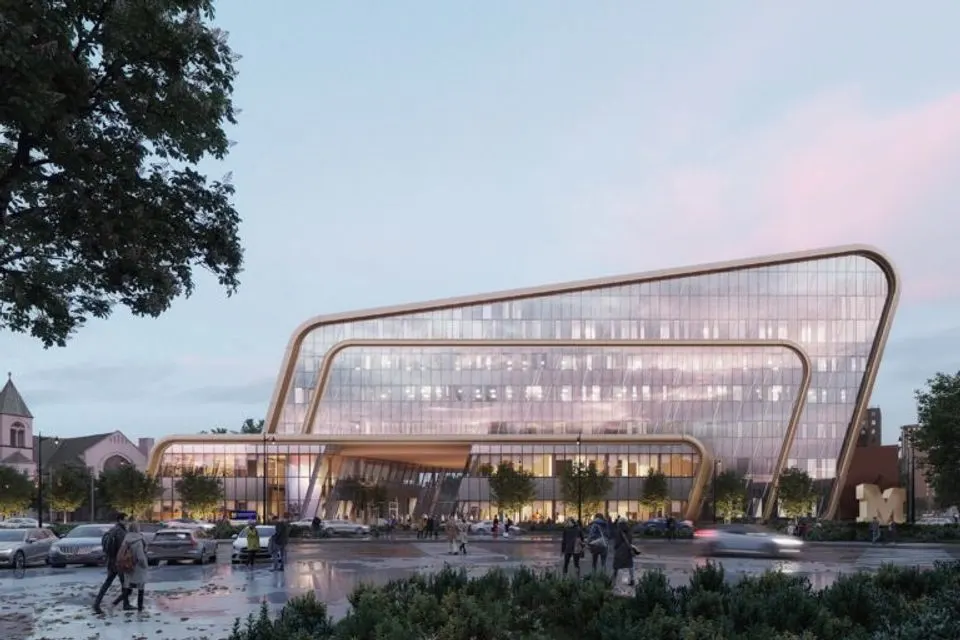 A rendering of the glass exterior of the new UMCI building