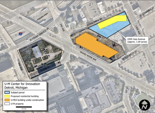 A map of the new UMCI site and the surrounding area in downtown Detroit
