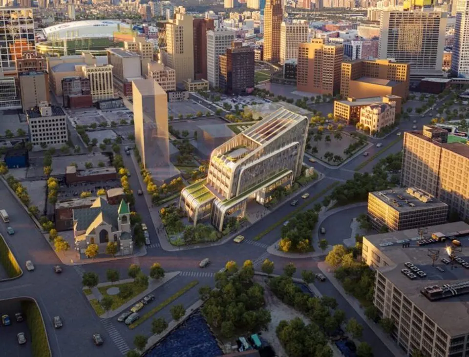 A rendering of the UMCI building and the surrounding area in downtown Detroit