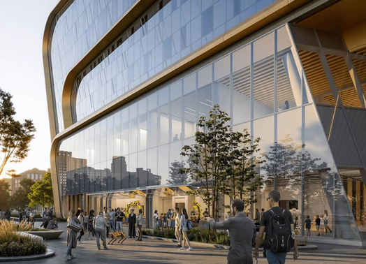 A rendering of the exterior of the new glass UMCI building
