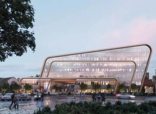 A rendering of the glass exterior of the new UMCI building