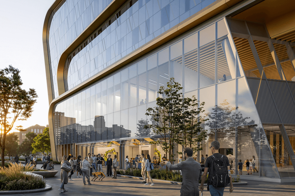 A rendering of the exterior of the new glass UMCI building